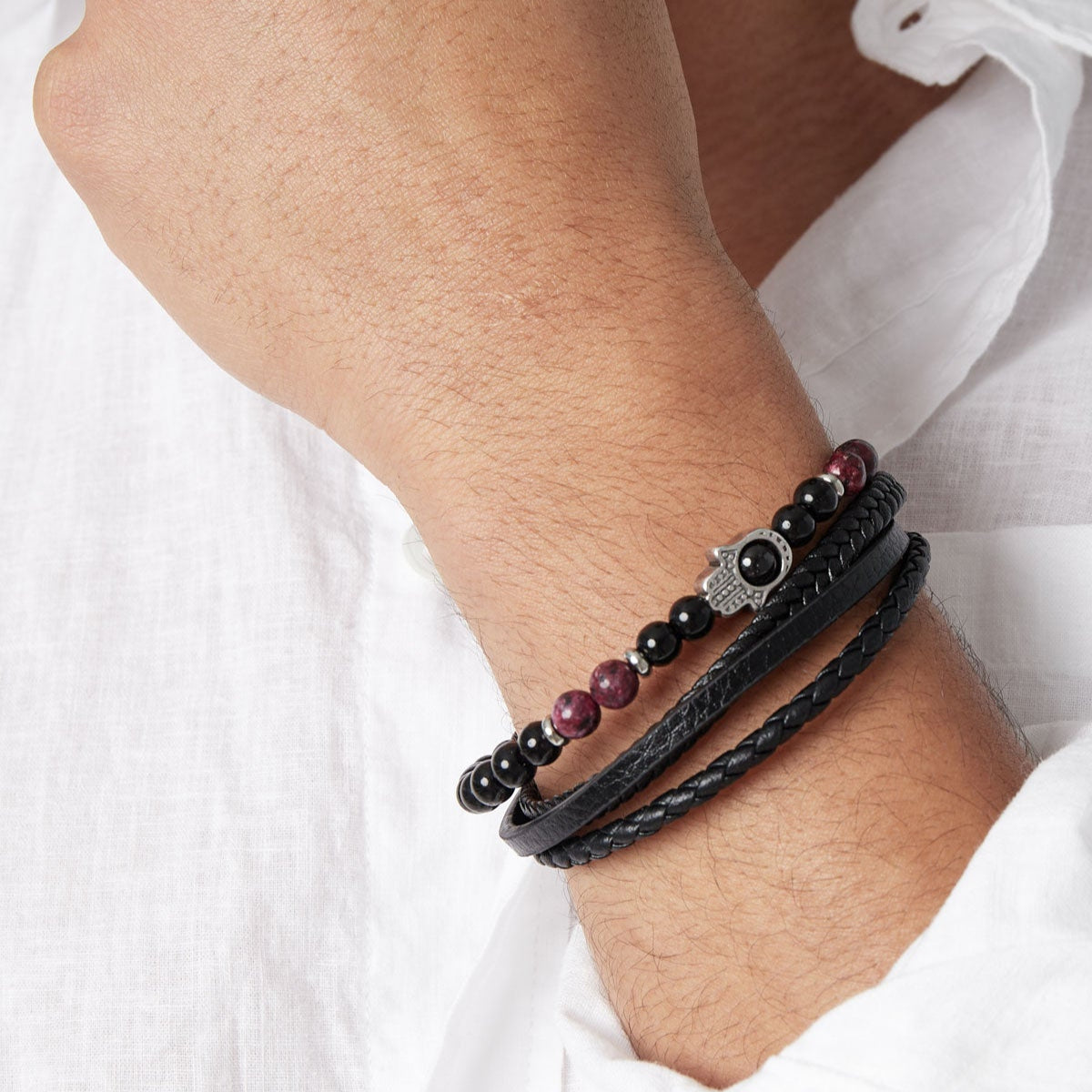 CreEZions dubbele herenarmband van leer en kralen