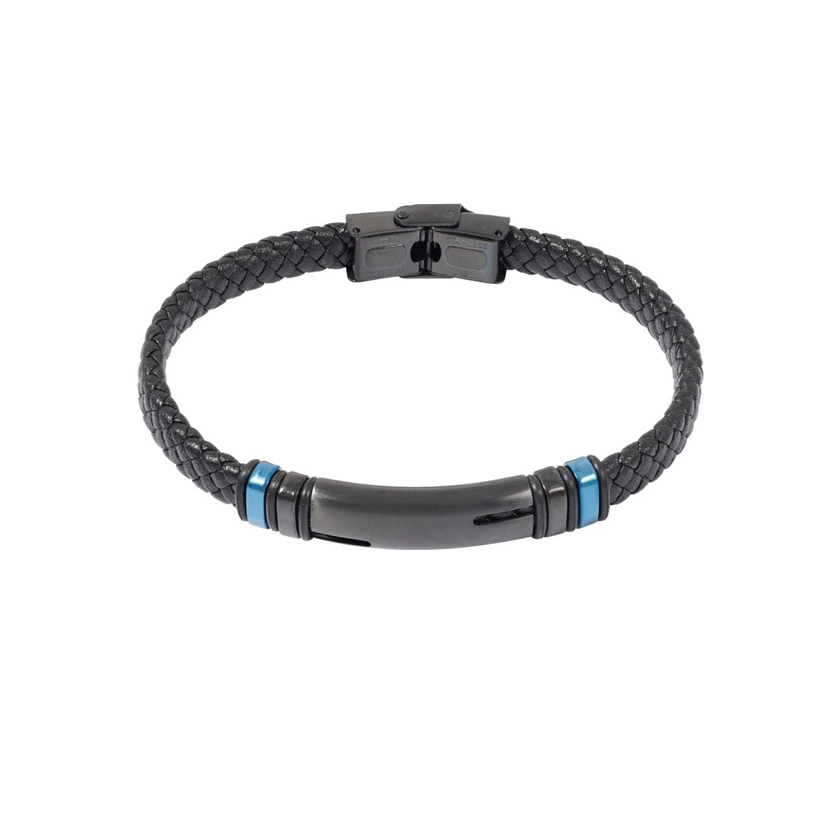 CreEZions herenarmband met zwart leer en blauwe accenten