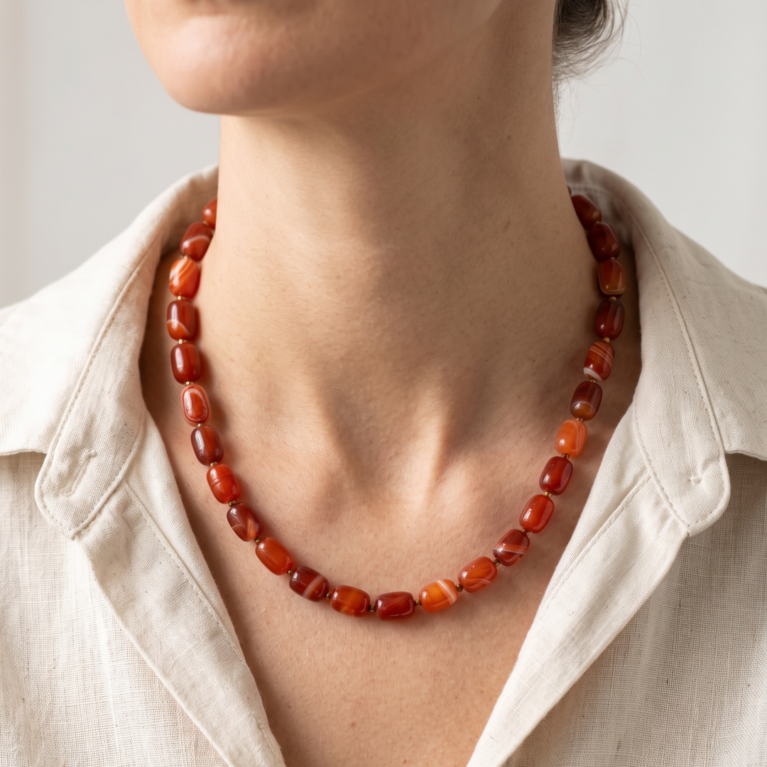 Kralenketting met rode agaat - warme roodtinten en goudkleurige details