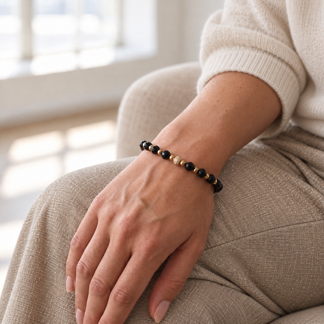 Armband met onyx, hematiet en pavé kraal