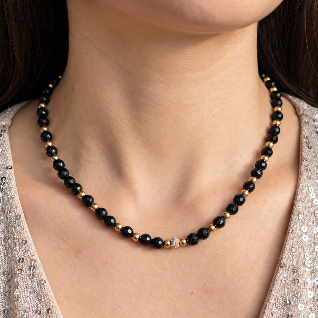 Ketting met facetgeslepen onyx, hematiet en pavé kraal