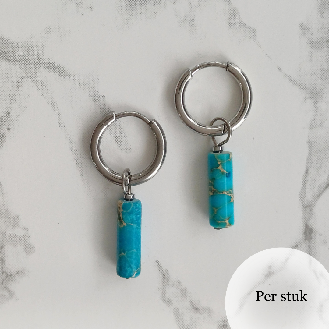 Mix & match oorbel bedel staafvormige blauwe natuursteen zilverkleur