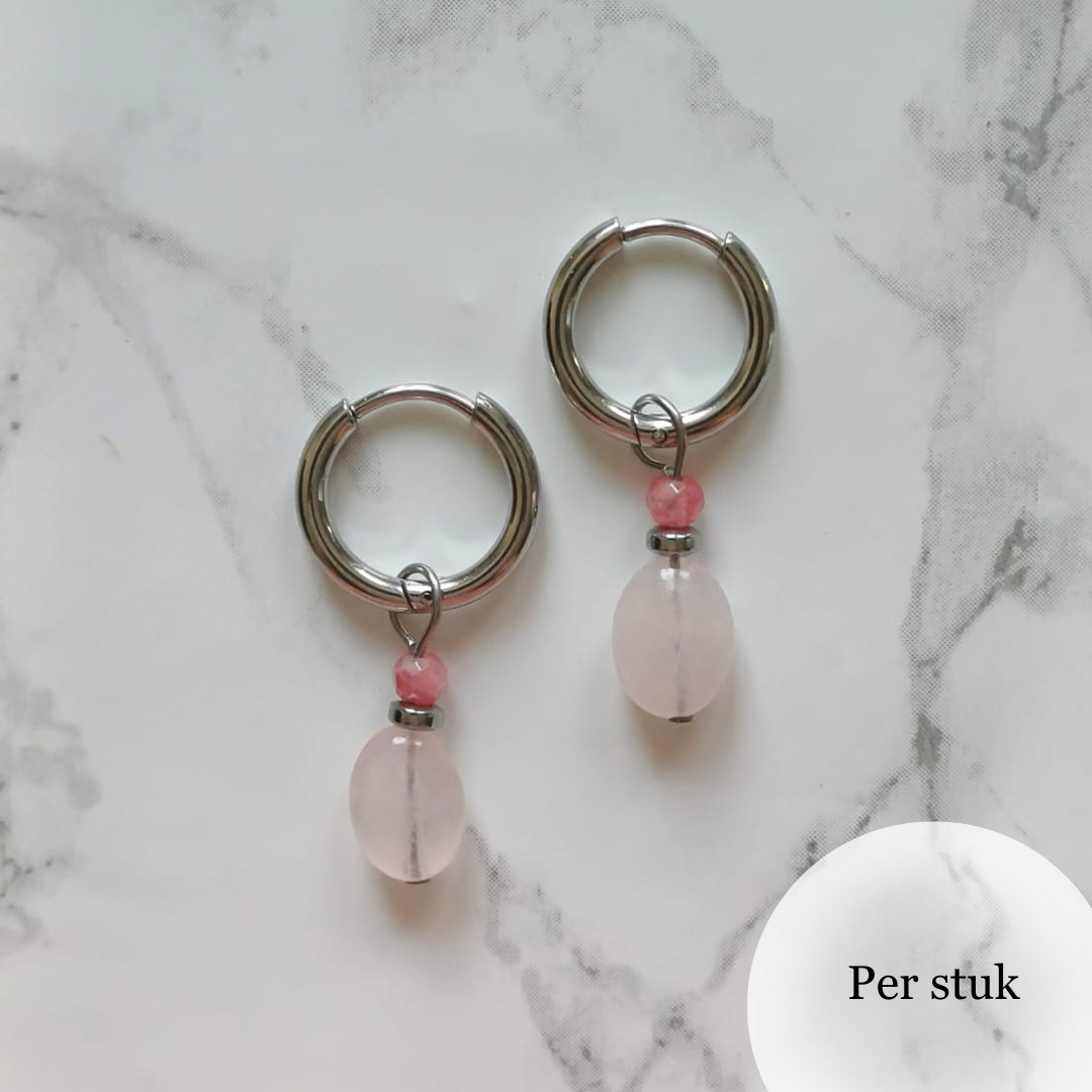 Mix & match oorbel bedel met rozenkwarts en roze jade zilverkleur