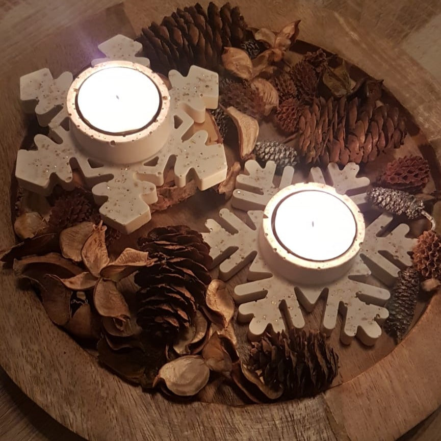 Waxinelicht houder sneeuwvlok wit/goud (2)