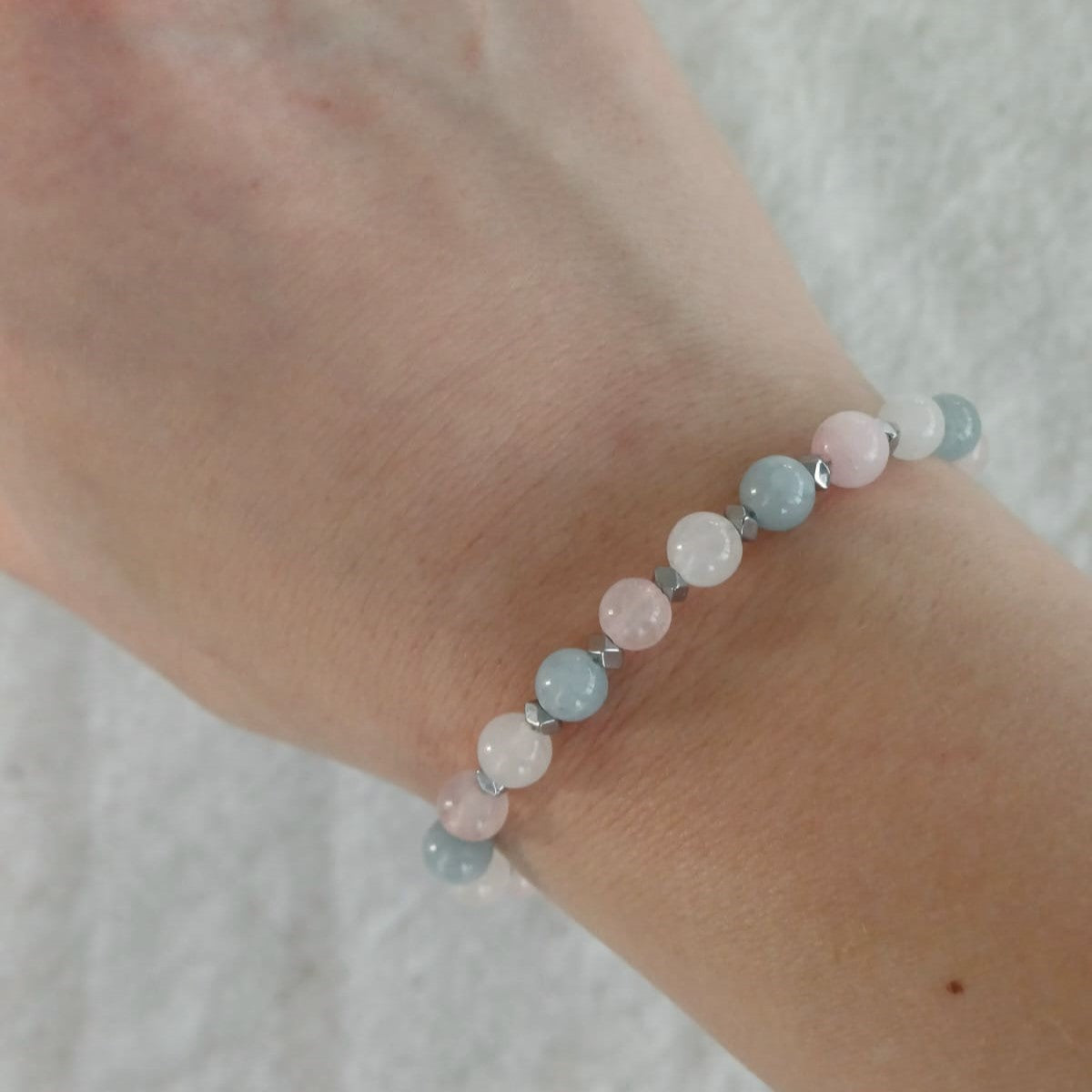 RVS armband met rozenkwarts, witte kwarts & blauwe kwarts – zachte harmonie