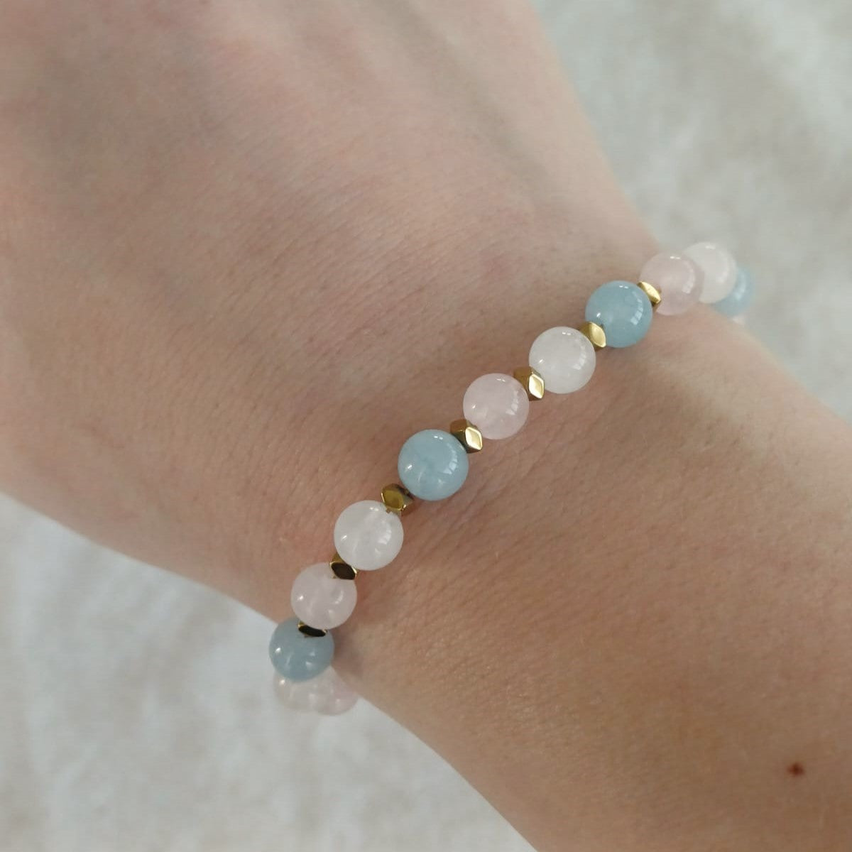 RVS armband met rozenkwarts, witte kwarts & blauwe kwarts – zachte harmonie