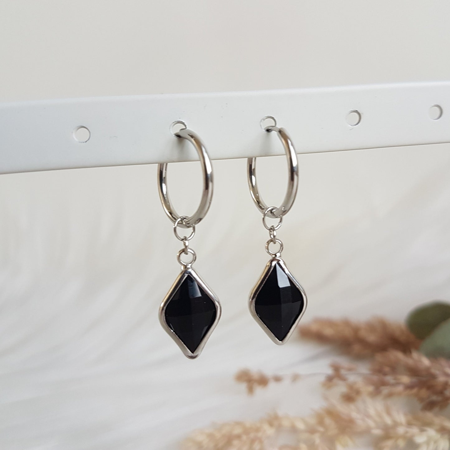 Earrings with black crystal glass charm (silver)