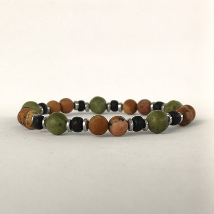 Elastische armband met jaspis, kokos en Taiwanese jade - natuurlijk & stijlvol