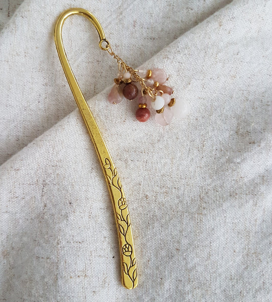 Boekenlegger met rozenkwarts, rhodoniet en agaat – goudkleurig & betekenisvol