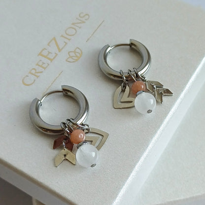 Zilverkleurige RVS oorbellen met chalcedoon, agaat en witte kwarts