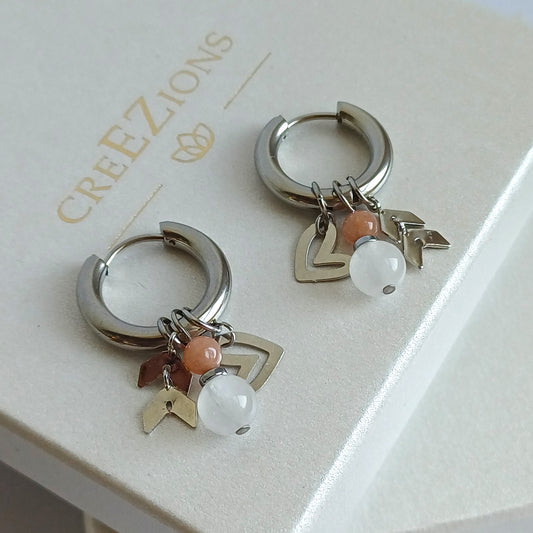 Zilverkleurige RVS oorbellen met chalcedoon, agaat en witte kwarts