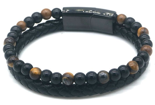 Leren herenarmband met Tiger Eye kralen