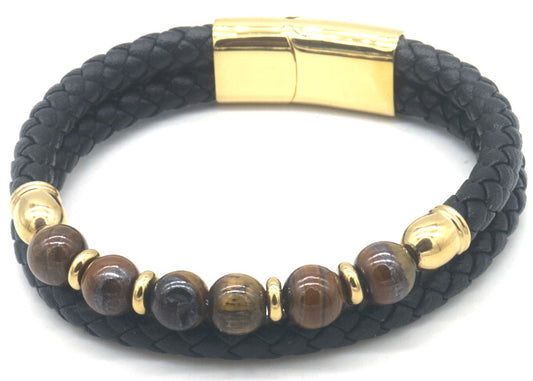 Leren herenarmband met Tiger Eye kralen (gelaagd)