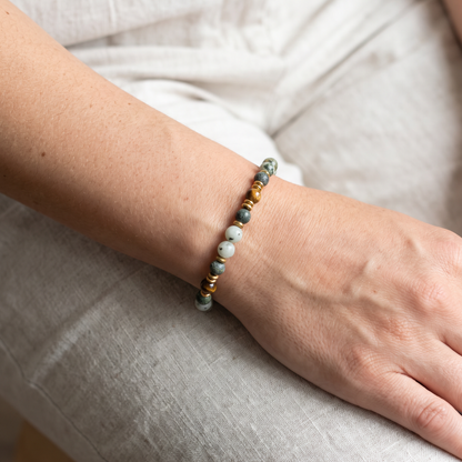 Edelsteen armband met kwarts, tijgeroog en groene jaspis