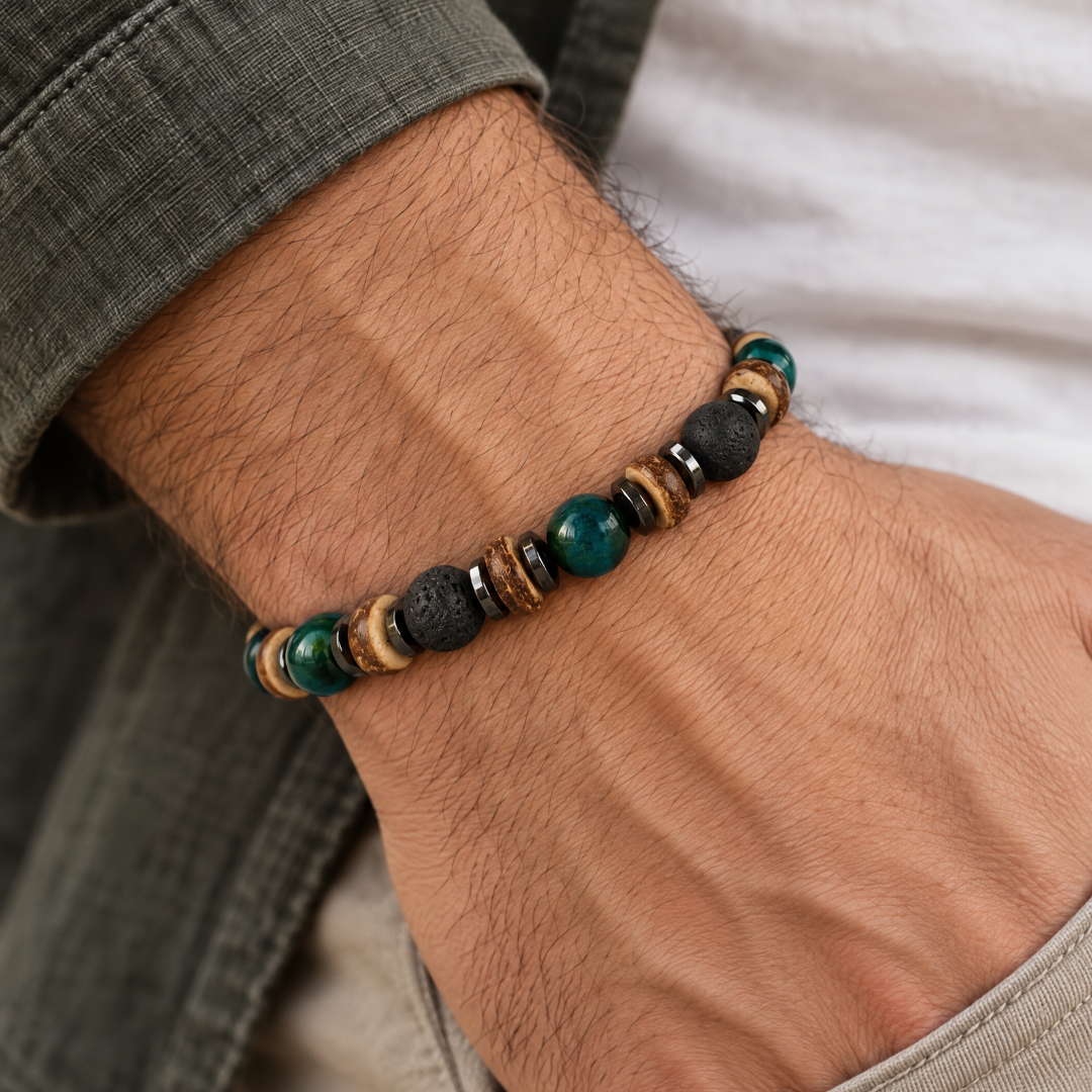 Herenarmband met lavasteen, blauwe agaat en houten kralen