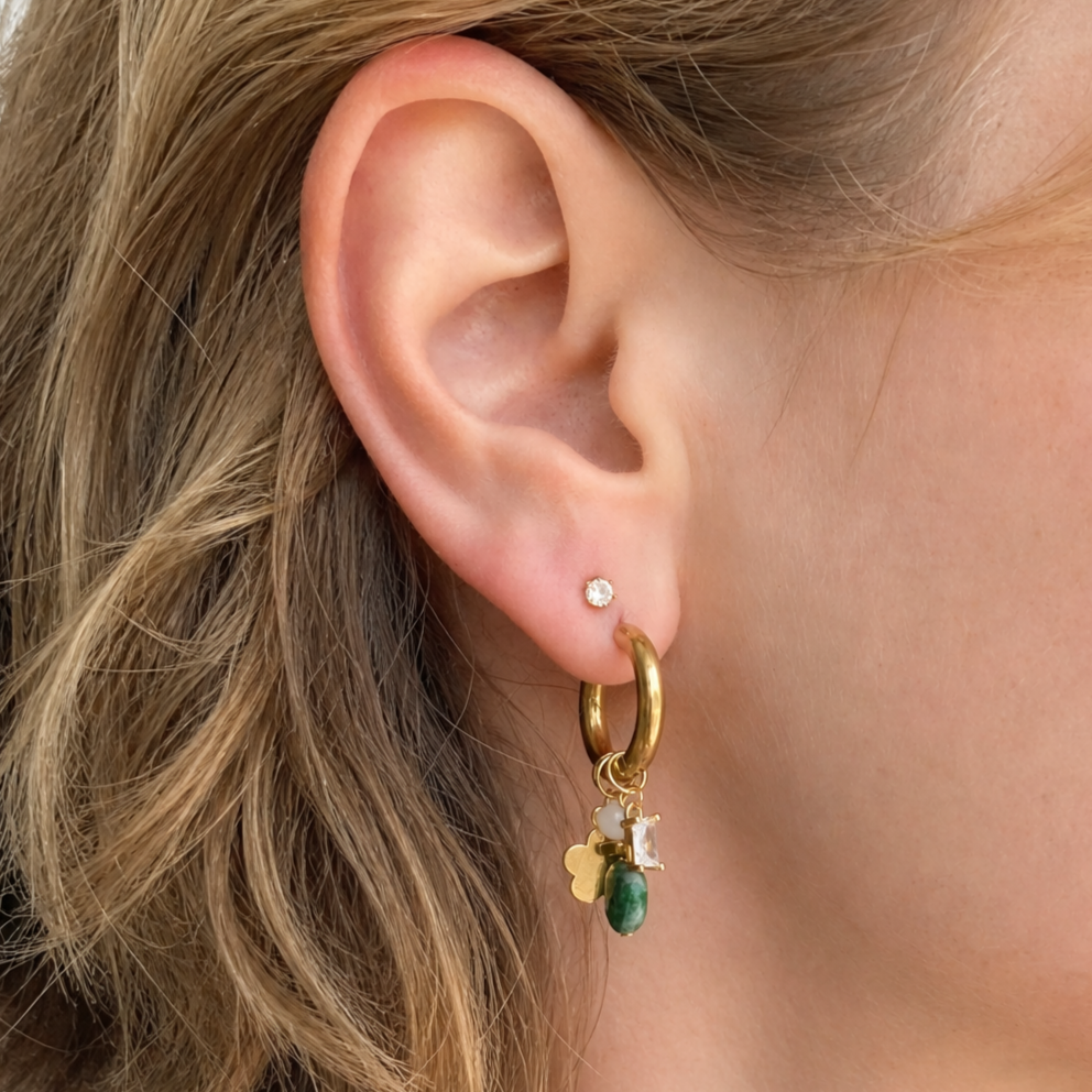 Gouden Mix & Match oorbellen met mosagaat, witte kwarts en zirkonia