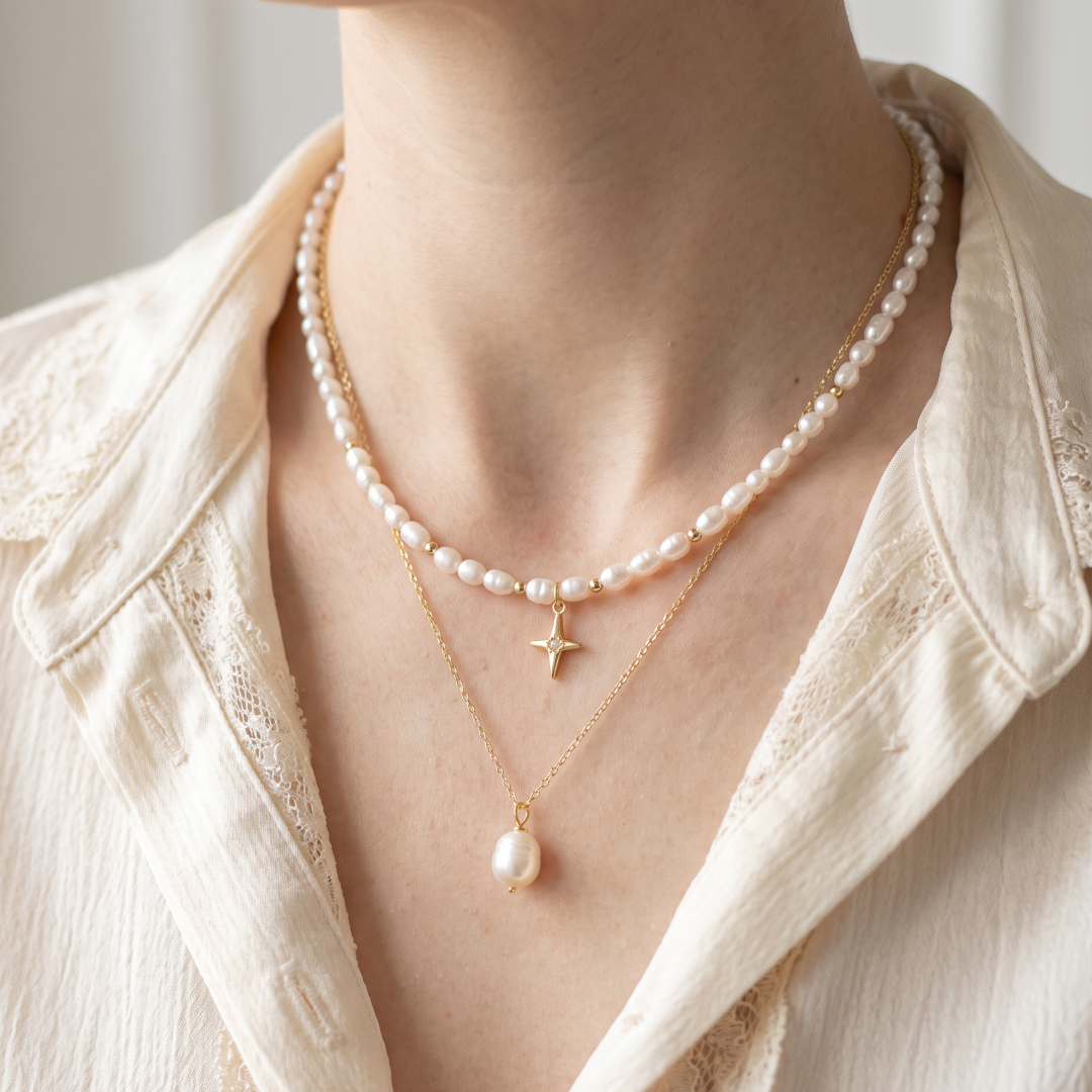 Ketting met zoetwaterparels en noorderster