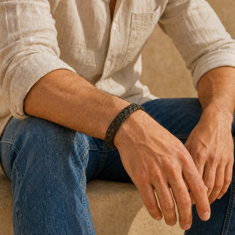 Groene leren heren gevlochten armband echt leer