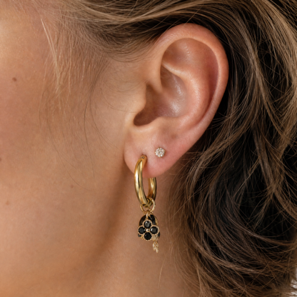 Oorbellen met zwarte bloem, obsidiaan en blaadjes