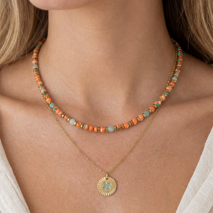 Kralenketting met blauwe chalcedoon en oranje-blauwe turquoise