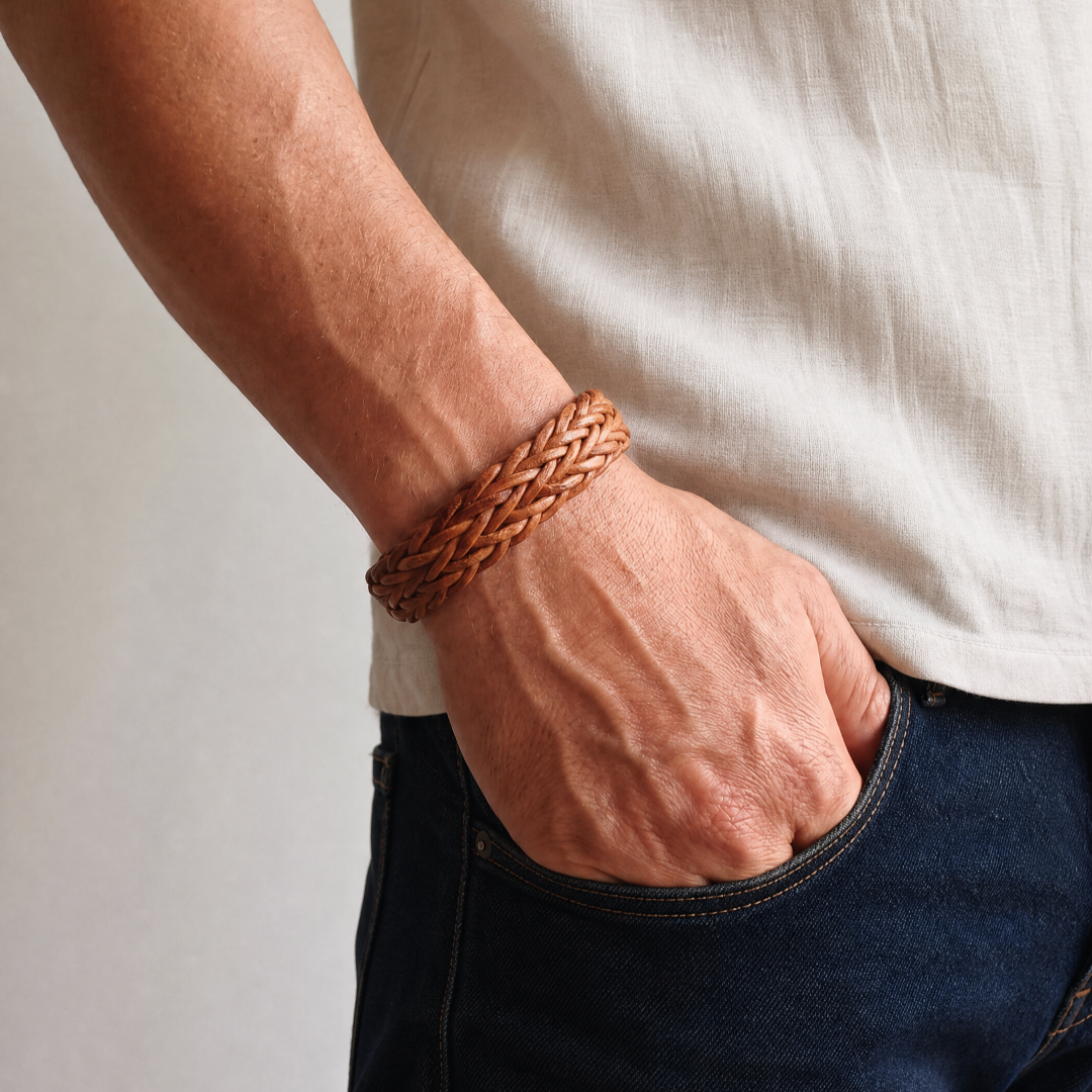 Herenarmband van verfijnd gevlochten echt leer