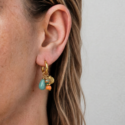Oorbellen met amazoniet, turquoise en schelpbedels