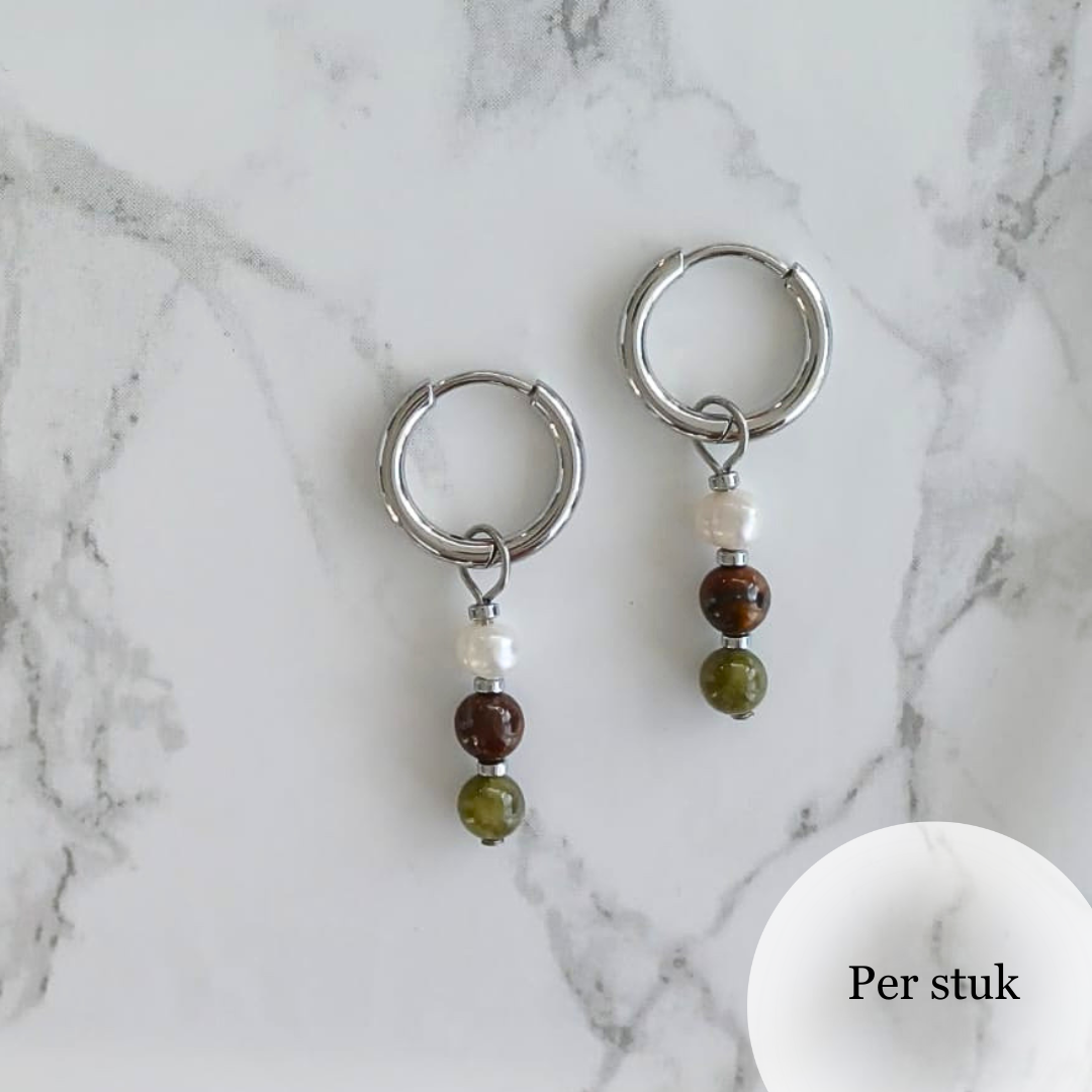 Mix & match bedels met groene marmer, tijgeroog en zoetwaterparels zilverkleurig