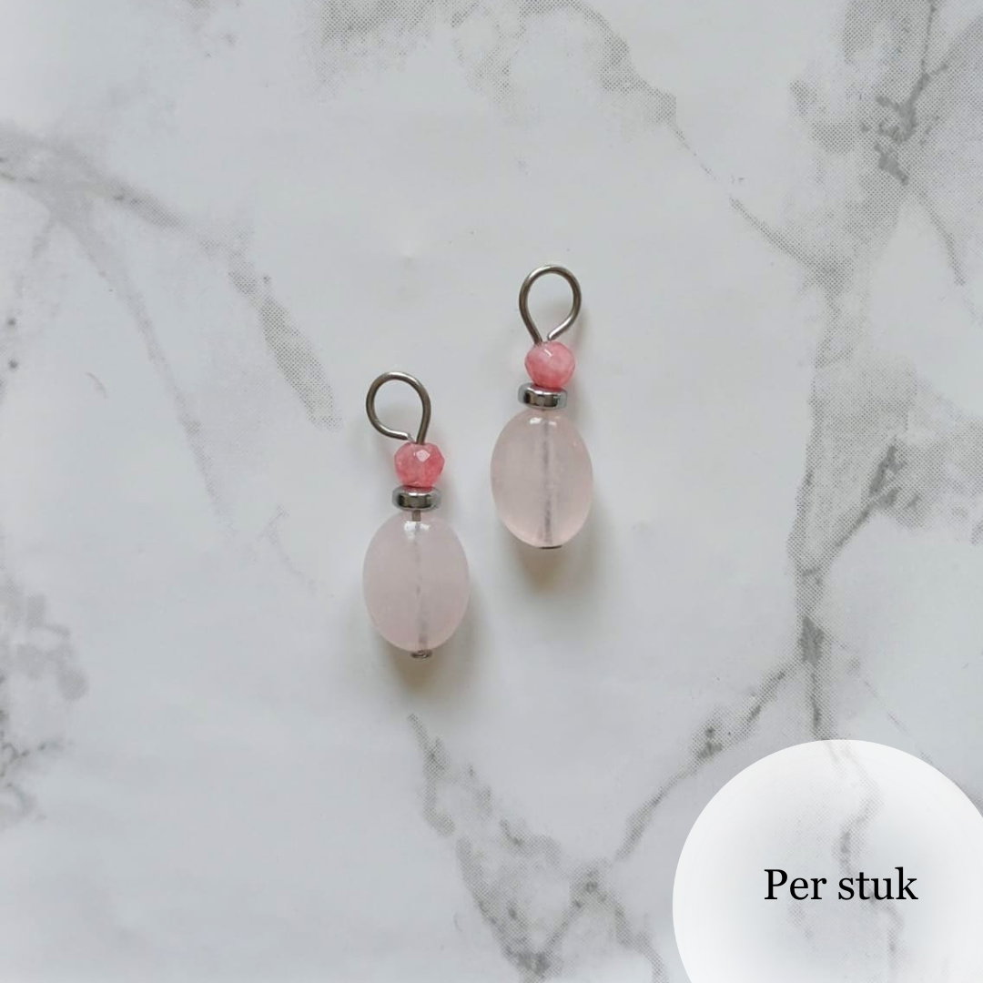 Mix & match oorbel bedel met rozenkwarts en roze jade zilverkleur