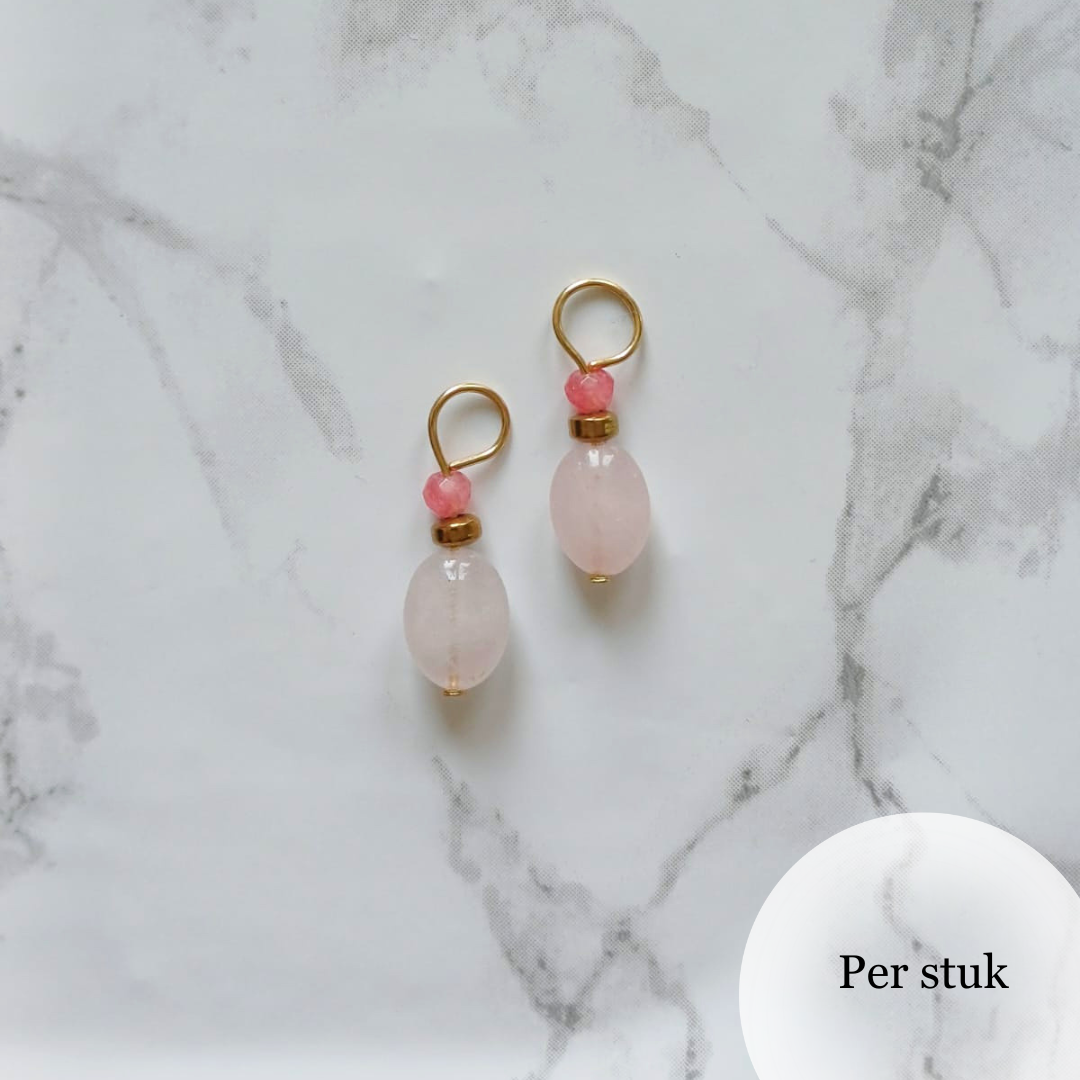 Mix & match oorbel bedel met rozenkwarts en roze jade goudkleur