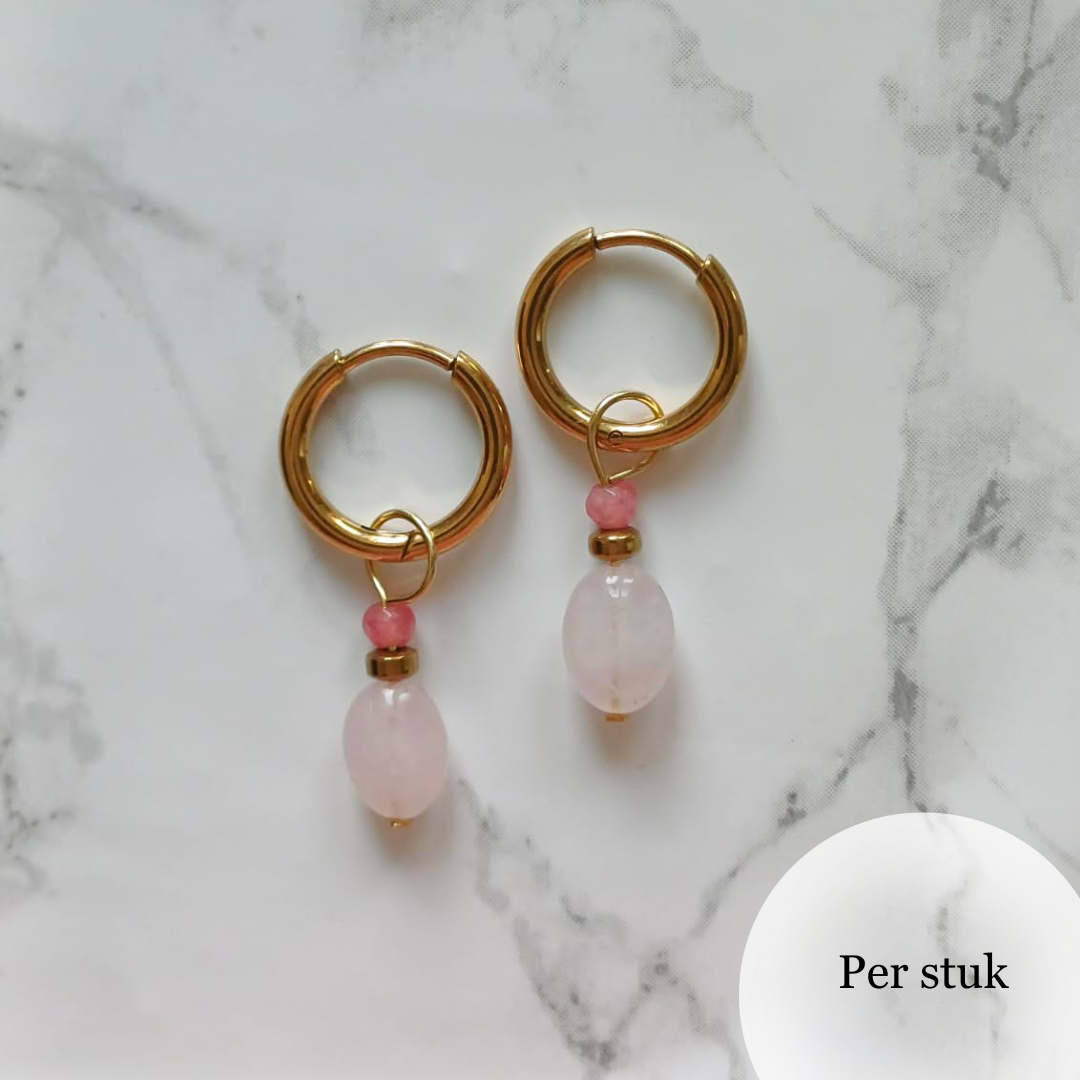 Mix & match oorbel bedel met rozenkwarts en roze jade goudkleur
