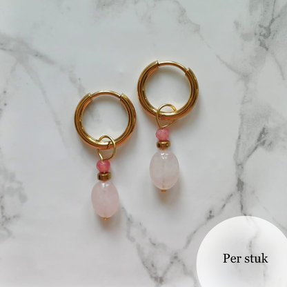 Mix & match oorbel bedel met rozenkwarts en roze jade goudkleur