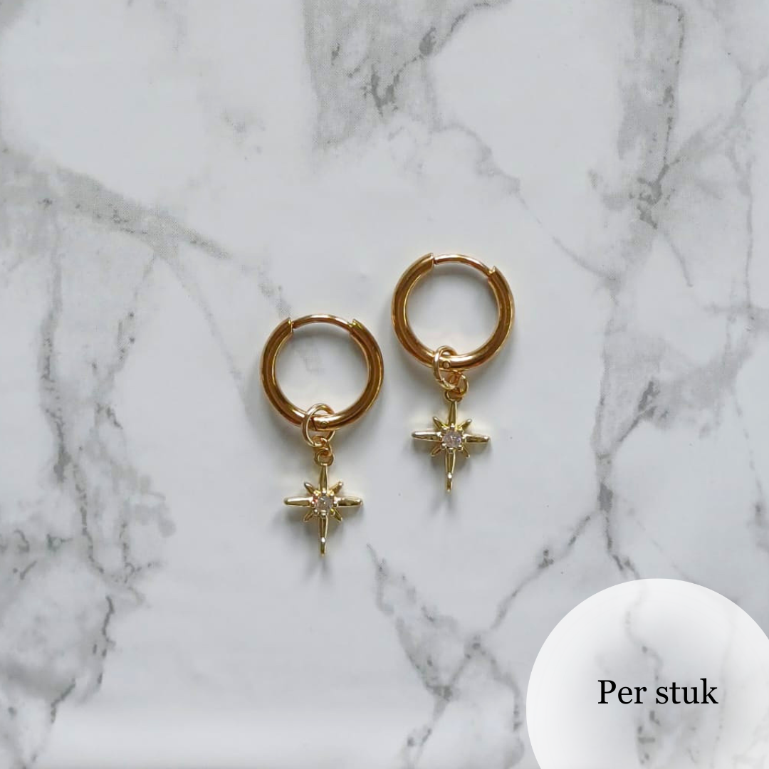 Mix & match bedel met ster en zirkonia 18K verguld goudkleur RVS