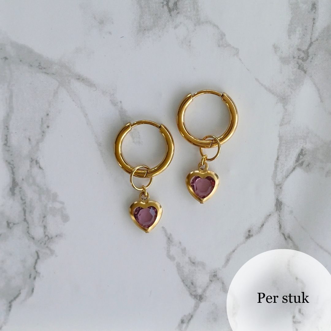 Mix & Match RVS hartjesbedel met paars steentje goudkleurig