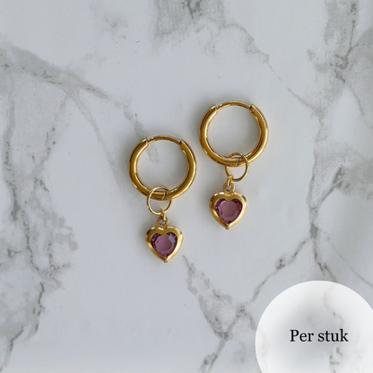 Mix & Match RVS hartjesbedel met paars steentje goudkleurig