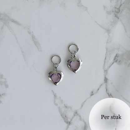 Mix & Match RVS hartjesbedel met paars steentje zilverkleurig