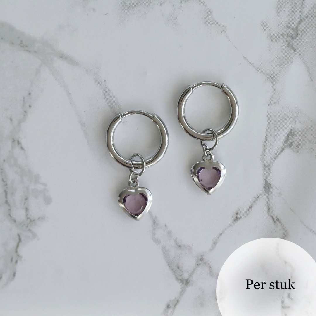 Mix & Match RVS hartjesbedel met paars steentje zilverkleurig