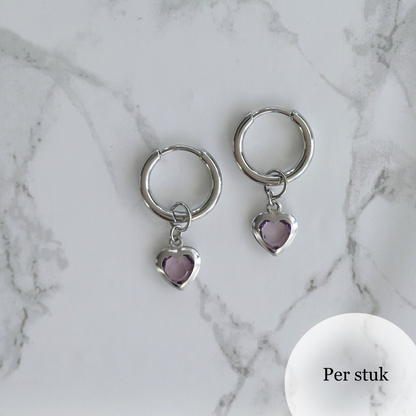 Mix & Match RVS hartjesbedel met paars steentje zilverkleurig