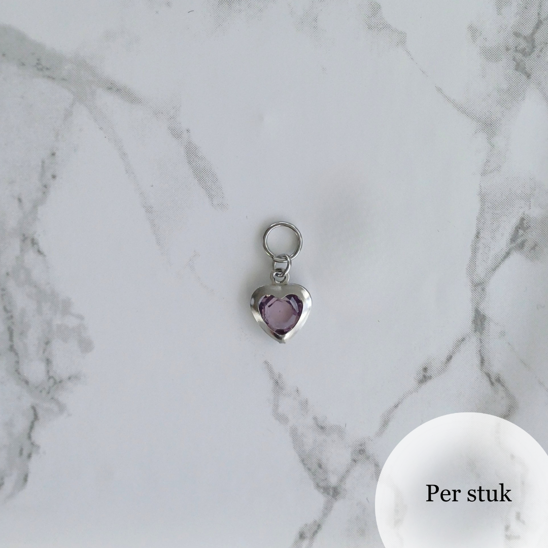 Mix & Match RVS hartjesbedel met paars steentje zilverkleurig