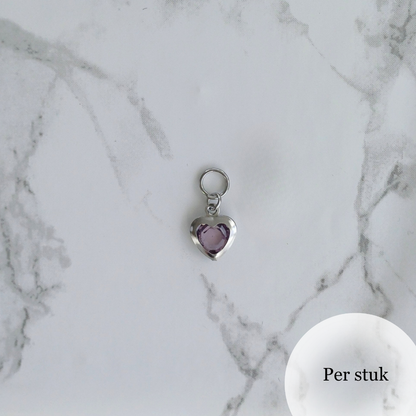 Mix & Match RVS hartjesbedel met paars steentje zilverkleurig