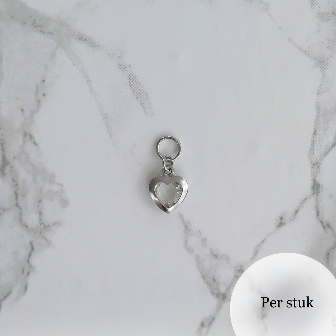 Mix & Match RVS hartjesbedel met transparant steentje zilverkleur