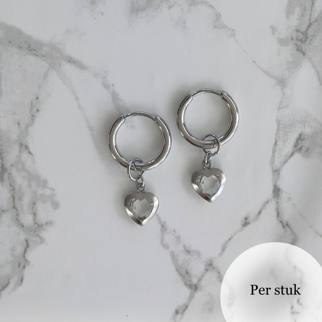 Mix & Match RVS hartjesbedel met transparant steentje zilverkleur