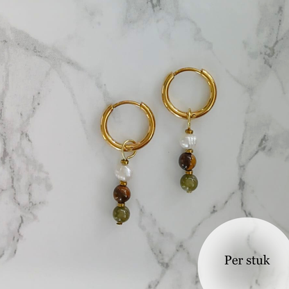 Mix & match bedels met groene marmer, tijgeroog en zoetwaterparels goudkleurig