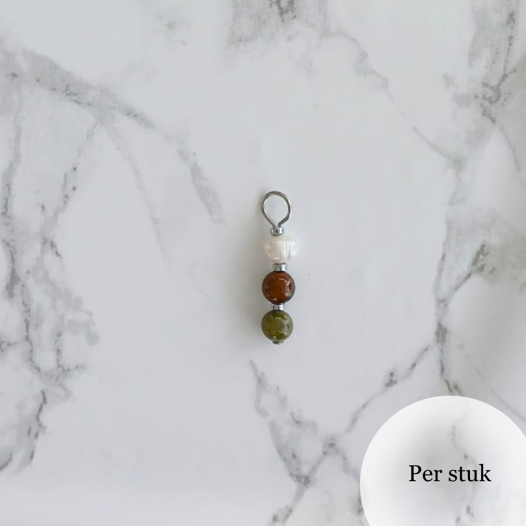 Mix & match bedels met groene marmer, tijgeroog en zoetwaterparels zilverkleurig