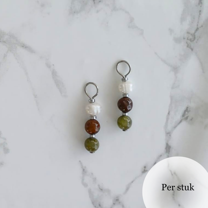 Mix & match bedels met groene marmer, tijgeroog en zoetwaterparels zilverkleurig