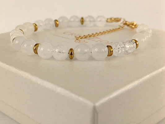 Kralenarmband met Bergkristal en witte Jade