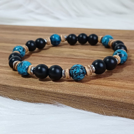 CreEZions herenarmband met black stone en blauwe natuursteen kralen