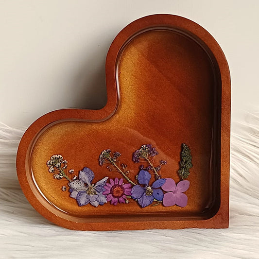 Houten schaaltje hart met bloemen