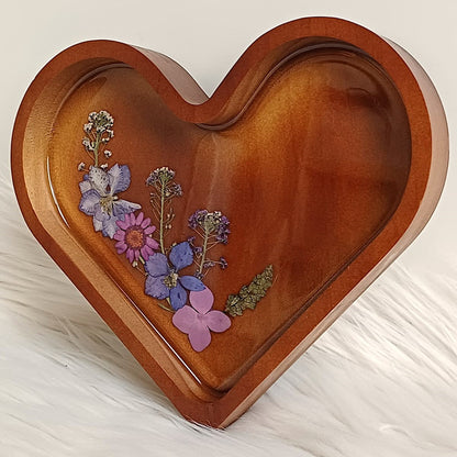 Houten schaaltje hart met bloemen