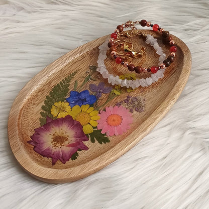 Ovaal houten sieradenschaaltje met bloemen