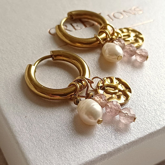 RVS oorbellen met zoetwaterparel, zonnesteen en gehamerd schijfje